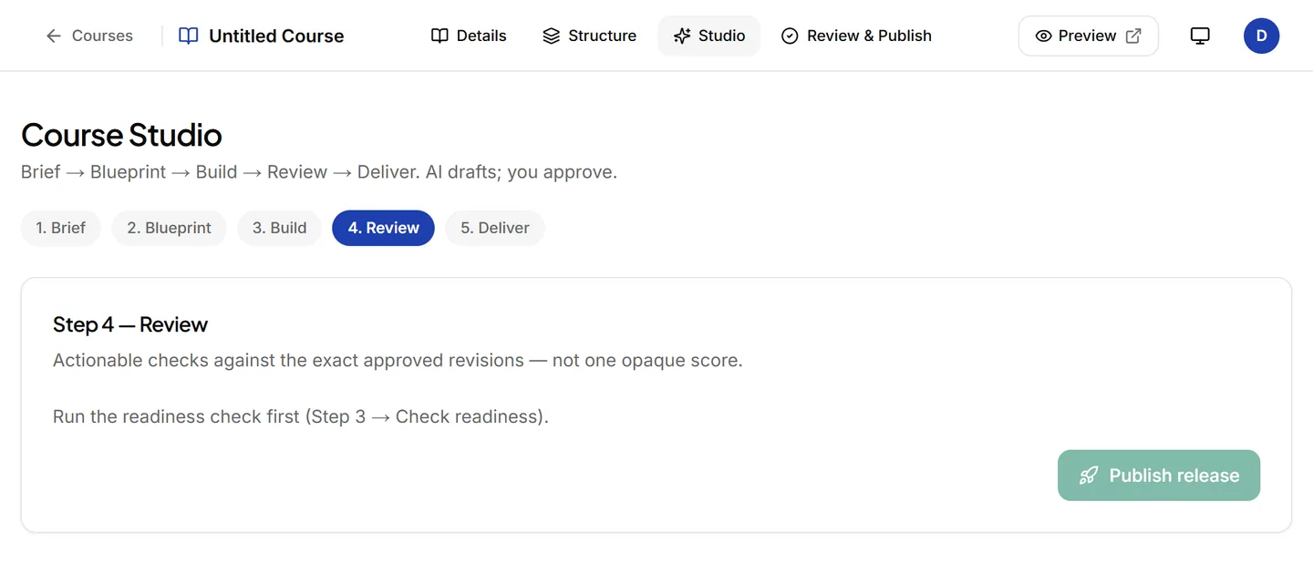 The Course Studio: a drafted course waiting for a reviewer's approval before release.