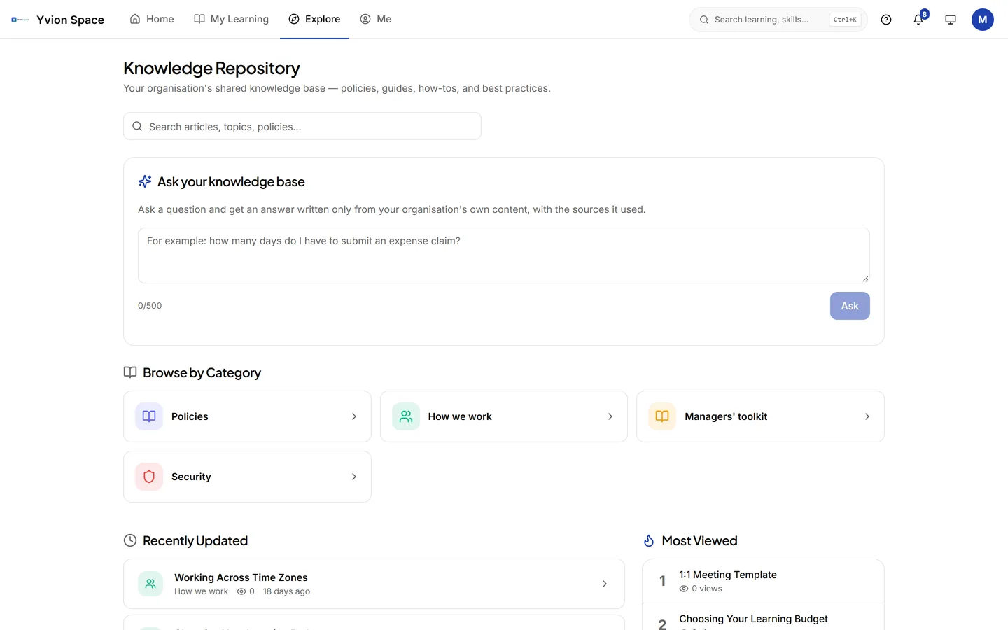 The knowledge base: ask a question and get an answer written only from the organisation's own content, with its sources.