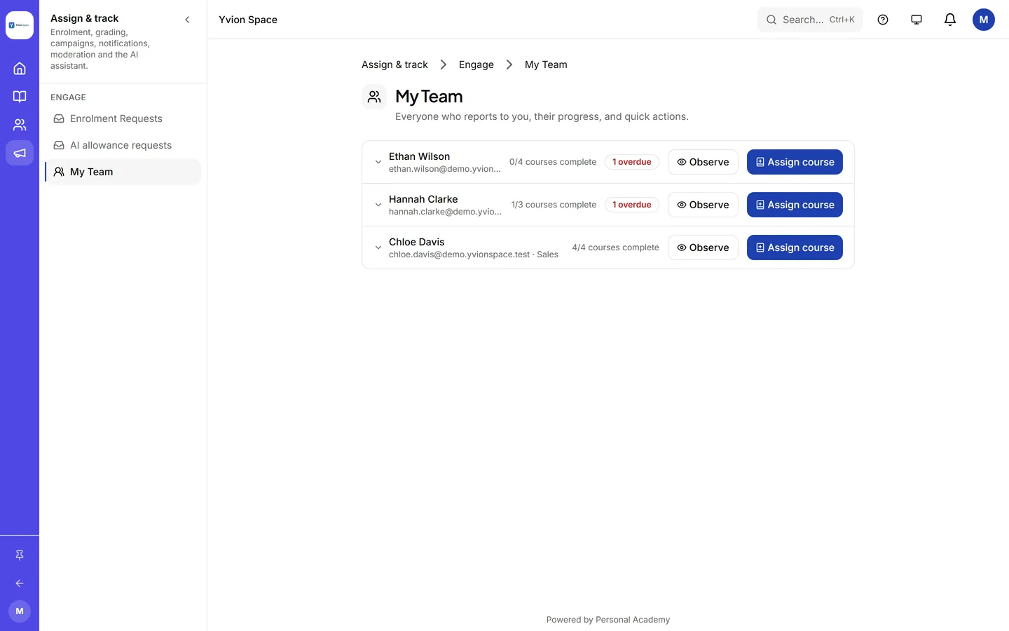 A manager's team view: who has finished, who is overdue, and a one-click assign.