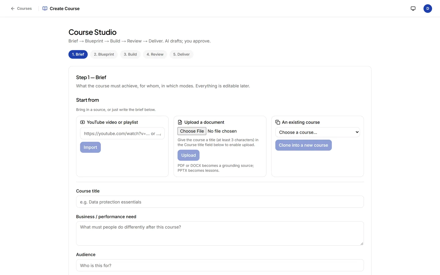 The Course Studio: upload a document or start from an existing course; AI drafts, a person approves.